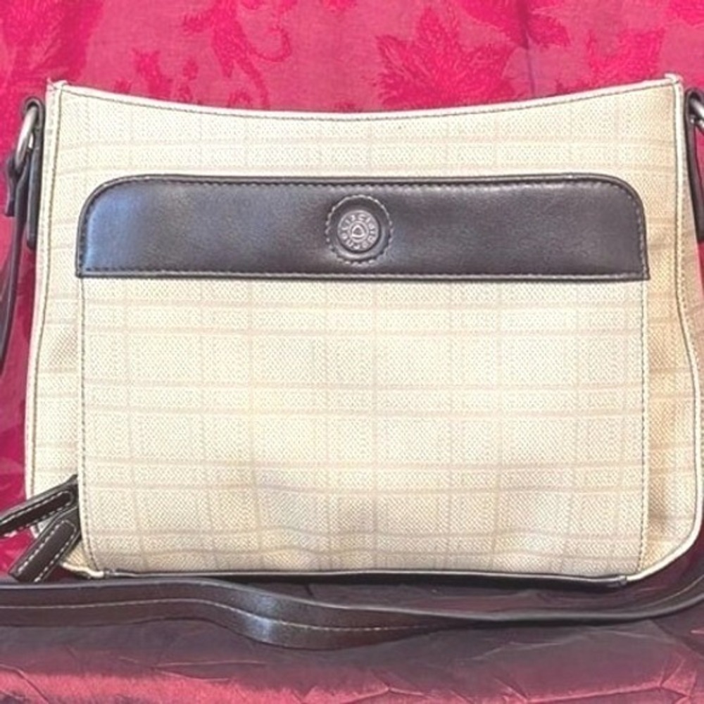 Liz Claiborne Tan Brown Grid Crossbody Bag Organizer Pocket Messenger Bag
